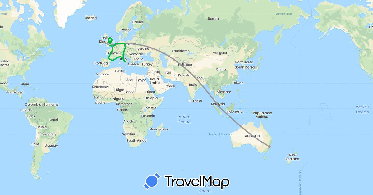 TravelMap itinerary: driving, bus, plane, boat in Austria, Australia, Belgium, Czech Republic, Germany, Spain, France, United Kingdom, Ireland, Italy, Netherlands, Singapore (Asia, Europe, Oceania)